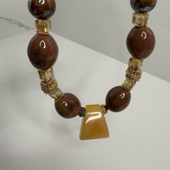 Vintage Statement  Necklace Semi Precious Stones Crystals Beige Brown Burgandy - Picture 5 of 8